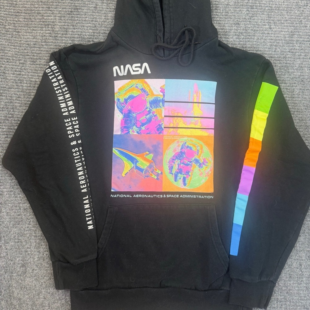 Hyper Space NASA Hoodie S Black Neon Pop Art Graphic Astronaut Shuttle Pullover